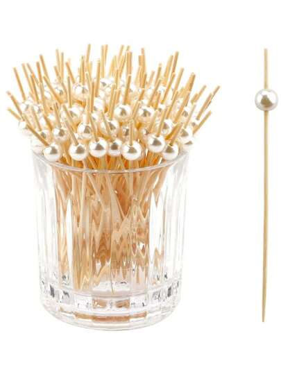 200pcs/100pcs/50pcs/20pcs/10pcs Gold/Pink/White Disposable Bamboo Cocktail Picks, Round Ball Shaped Creative Design, Perfect For Kitchen Table, Fruit Salad, Wedding, Festival Party,Christmas