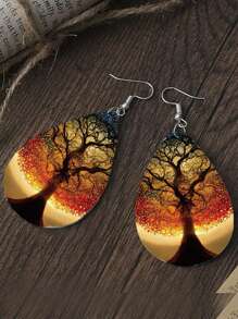 1pc Creative Life Tree Heart Design Women's Earrings With Double-Sided Waterdrop Shaped Artificial Leather Dangle, Fashionable And Unique Ear Jewelry For Festival And Suitable For Women Valentines