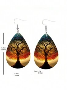 1pc Creative Life Tree Heart Design Women's Earrings With Double-Sided Waterdrop Shaped Artificial Leather Dangle, Fashionable And Unique Ear Jewelry For Festival And Suitable For Women Valentines