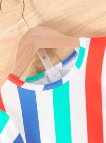 男孩彩色條紋短袖夏季T恤和短褲套裝，休閒裝 - 彩色 - 查看 3