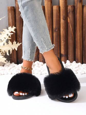 Women Summer Slipper With Fluffy Colorful Beach Solid Plush Soft Anti-Slip Sole, Home Outdoor Fashionable Slippers Sandals