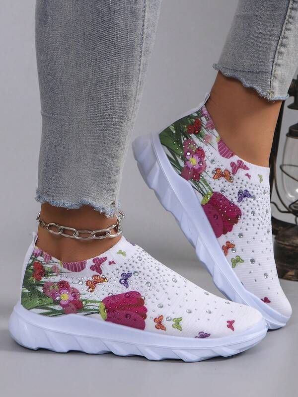 Chaussures de sport décontractées pour femmes, à bout rond, respirantes, en tricot confortable, avec décoration florale en strass, produit transfrontalier nouveau