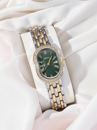 DISU 1 件女士椭圆形表盘双色不锈钢表带经典商务石英表带水钻，适合日常使用