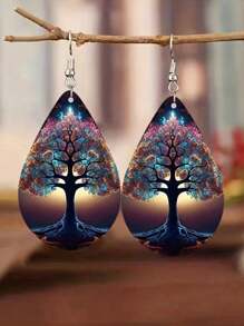 1pc Creative Life Tree Heart Design Women's Earrings With Double-Sided Waterdrop Shaped Artificial Leather Dangle, Fashionable And Unique Ear Jewelry For Festival And Suitable For Women Valentines