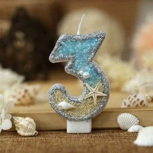 1 vela de cumpleaños con tema de playa, vela artesanal de decoración de pastel de cumpleaños para crear atmósfera de fiesta en festivales, vela con estrella de mar y brillantina de playa de verano, en forma creativa de número - Multicolor - Ver 5
