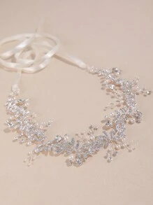 1pc Rhinestone Embellished Alloy Leaf And Faux Pearl Adjustable Headband, Suitable For Daily Wear And Wedding Occasions Tiaras Valentine's Day Accessories - Silver - View 6