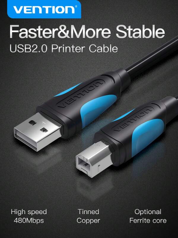 VENTION USB Printer Cable USB 2.0 Printer Cord A Male To B Male Printer Scanner Cord High Speed Compatible With HP, Canon, Epson, Lexmark, Xerox, Black