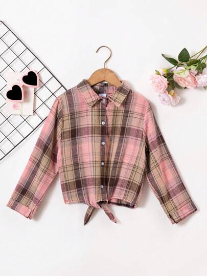 Young Girl Casual Vacation Style Pink Plaid Bow-Tied Long Sleeve Shirt