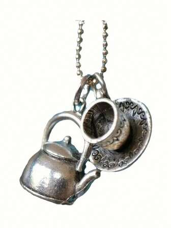 Retro Anime Style Asymmetric Teapot, Teacup, Clock, Coffee Cup Pendant Necklace With Stainless Steel Bead Chain, Women Necklace