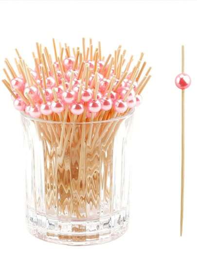 200pcs/100pcs/50pcs/20pcs/10pcs Gold/Pink/White Disposable Bamboo Picks, Round Beaded Design, Ideal For Kitchen Table, Fruit Salad, Wedding And Festival Party,Christmas