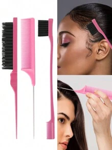 Juego de 4 piezas: regadera, peine para dar volumen, peine de cola de rata, cepillo para el borde y la parte posterior del cabello (negro)/(rosa)/(morado) - Cuidado corporal para viajes, al aire libre, deportes, oficina, escuela, sujetadores de pelo, accesorios para el cabello - Regalo de San Valentín para novio, novia, mujeres, cumpleaños