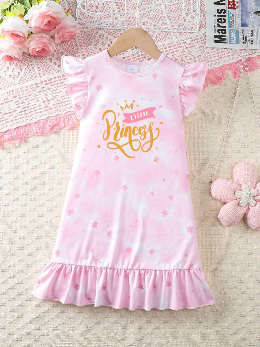 Váy ngủ mùa hè cho bé gái mặc thường ngày và mặc ở nhà, in hình ngôi sao và chữ cái và trang trí bằng những đường viền xù dễ thương - Hồng - Xem 1