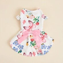 1 pièce Robe pour chien de compagnie, imprimé papillon et fleur d'été, décoration nœud à la taille, convient aux petits/moyens chiens, chats, vêtements légers pour animaux de compagnie pour l'été - Multicolore - Voir 1