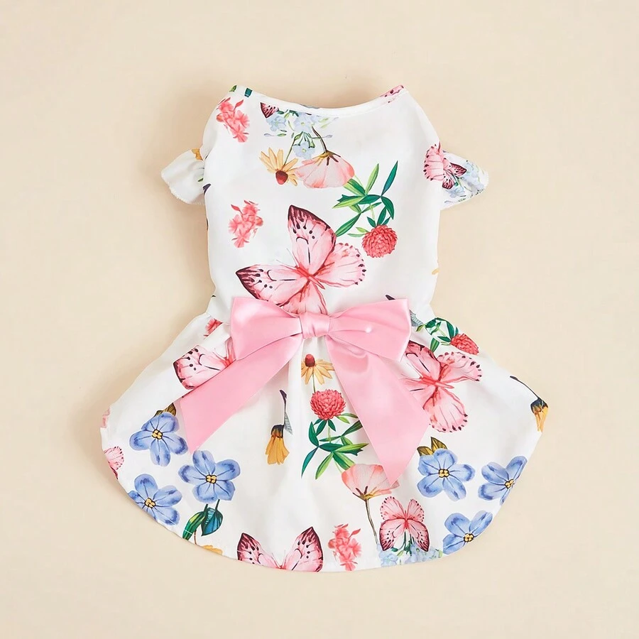 1 pièce Robe pour chien de compagnie, imprimé papillon et fleur d'été, décoration nœud à la taille, convient aux petits/moyens chiens, chats, vêtements légers pour animaux de compagnie pour l'été - Multicolore - Voir 1