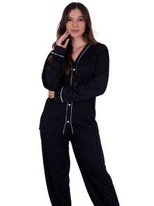 Pijama de Inverno Americano com Botões Amamentação Manga Longa