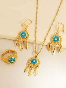 4 件/套简约绿松石首饰套装圆形水钻设计吊坠配叶状流苏金项链耳环戒指套装适合女性日常节日佩戴 - 圓形 - 查看 14