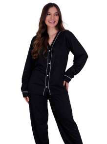 Pijama de Inverno Americano com Botões Amamentação Manga Longa