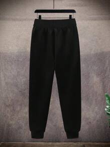 Tween Boy 1pc Leisure Simple Splicing Fleece Contrast Color Letter Print Cuff Jogging Trousers
