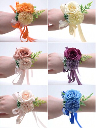 1pc Bridal Wrist Corsage With Satin Ribbon & Bowknot Wedding Party Hand Flower For Bridal Dress Accessories, Bridesmaid Gift