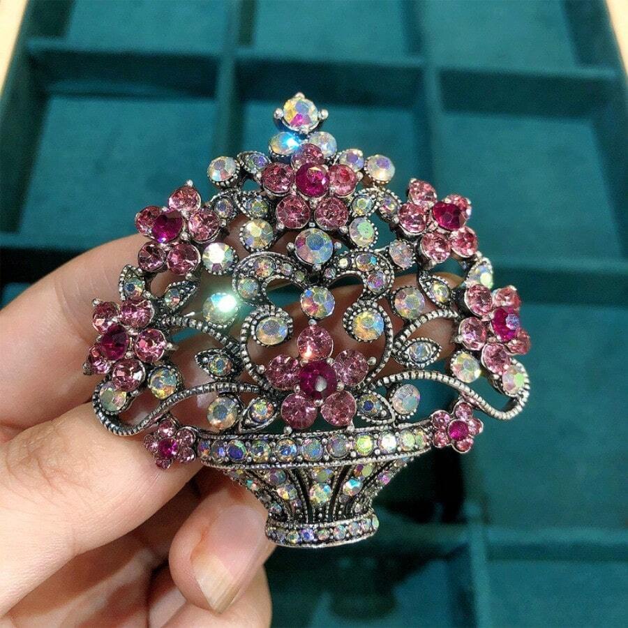 Broche fleur des dames de nouveauté de strass de cru avec série de grappe de fleurs et panier de fleurs, décoration de veste et de manteau de femmes pour robe de banquet - Nude - Voir 1