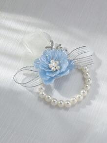 1pc Blue Artificial Shell Flower Bridal Bridesmaid Bracelet Decorated With Faux Pearl Chain, Suitable For Wedding Party, Dinner Party, Anniversary Valentine's Day Valentines - Multicolor - View 2