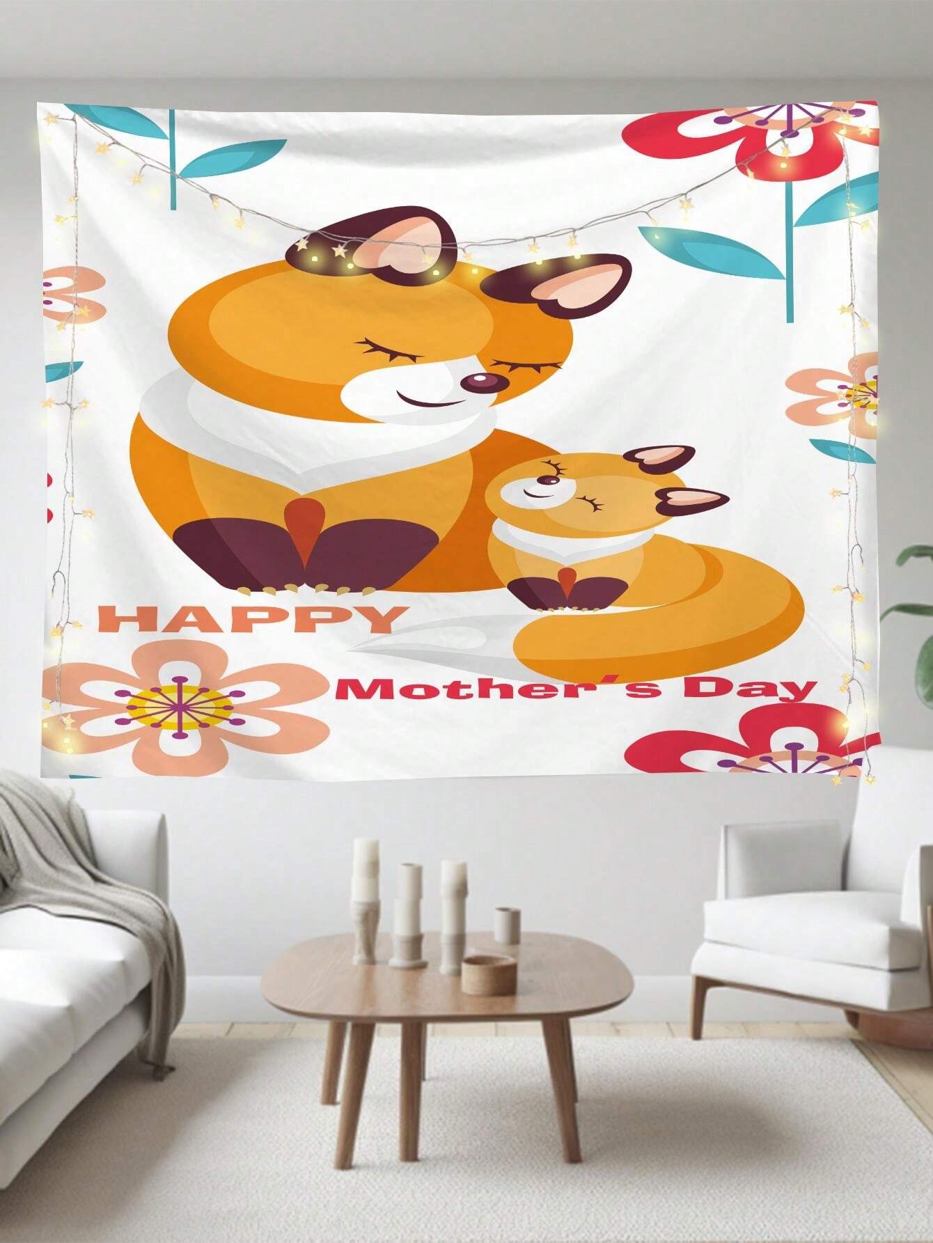 1pc Mother's Day Fox Pattern Textured Tapestry With 3 Wall Nails And 2