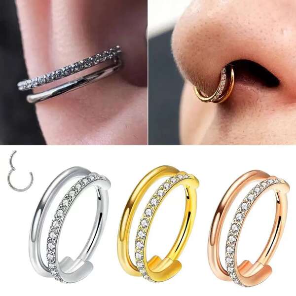 1pc 16G Gold Plating CZ Row Conch Nose Ring Cartilage Hoop Daith Tragus Helix Lobe Earring Hinged Segment Clicker Piercing Jewelry