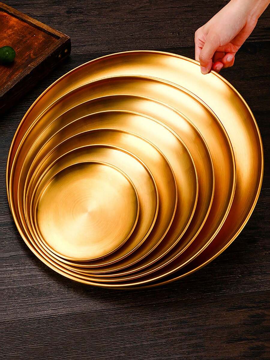 1pc Korean BBQ Grill Plate Stainless Steel Dish High-End Diningware Multiple Sizes Round Tray For Home Use - Gold - View 1