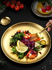 1pc Korean BBQ Grill Plate Stainless Steel Dish High-End Diningware Multiple Sizes Round Tray For Home Use - Gold - View 2