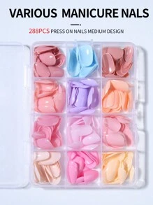 Conjunto de 288 peças (12 misturadas) Unhas Postiças ovais curtas e nude, com cores de primavera e verão médias, formato de amêndoa em acrílico, para cobrir a unha inteira e com caixa de armazenamento. Adequado para uso diário de mulheres e meninas, e como suprimentos para unhas para uso em festas.