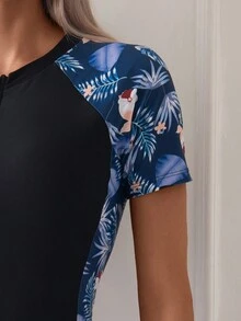 Leisure And Fashionable Tropical Print Splicing One-Piece Swimsuit Summer