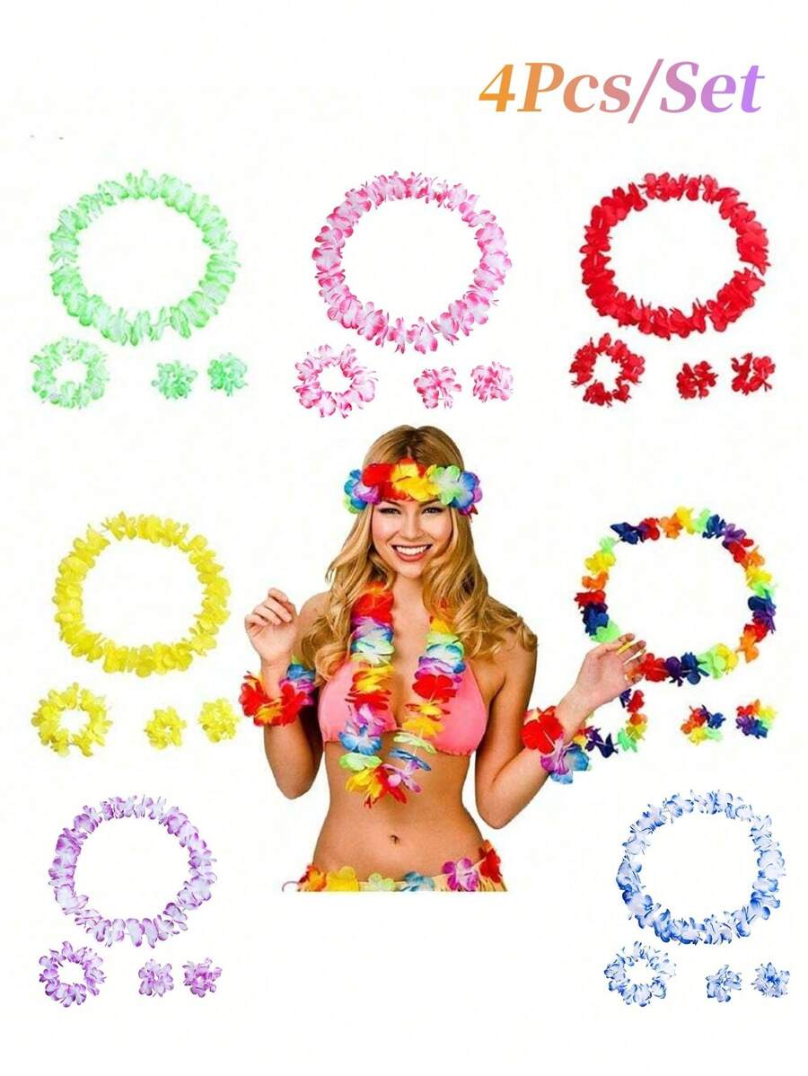 4pcs/Set Hawaiian Flower Lei Hula Necklace Garland Headband Wristbands Wedding Decorations Beach Tropical Party Supplies - One Size - View 1