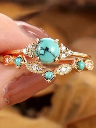 2入組時尚的藍綠寶石女戒