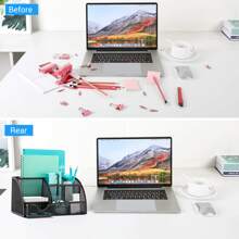 Desk Organisers, Office Mesh Desk Tidy Organiser 6 Components Pen Holder With Drawer Multifunctional Stationary Organiser - Black - View 6