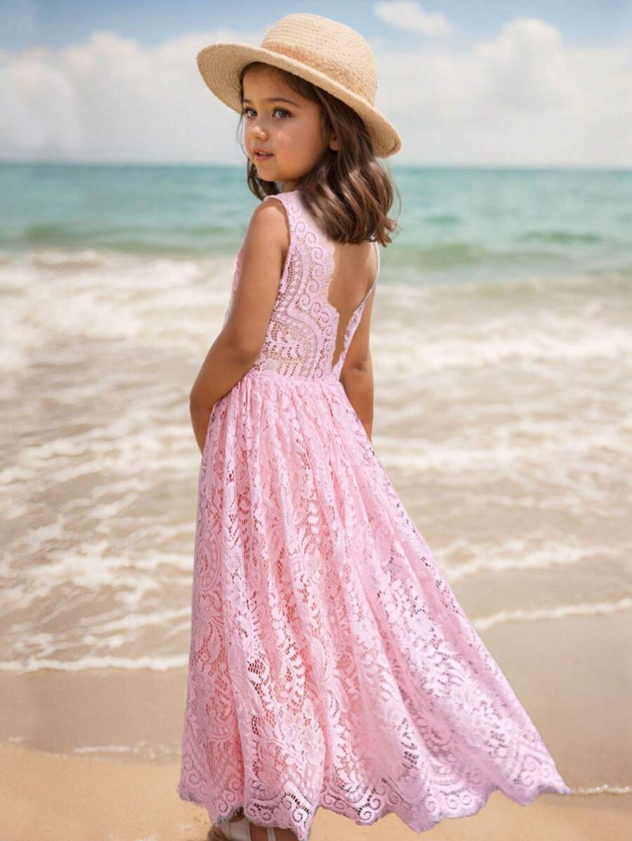 Vestido unicolor de encaje sin espalda para niña preadolescente para vacaciones en la playa, bodas de florista o fiestas - Rosa - Ver 1