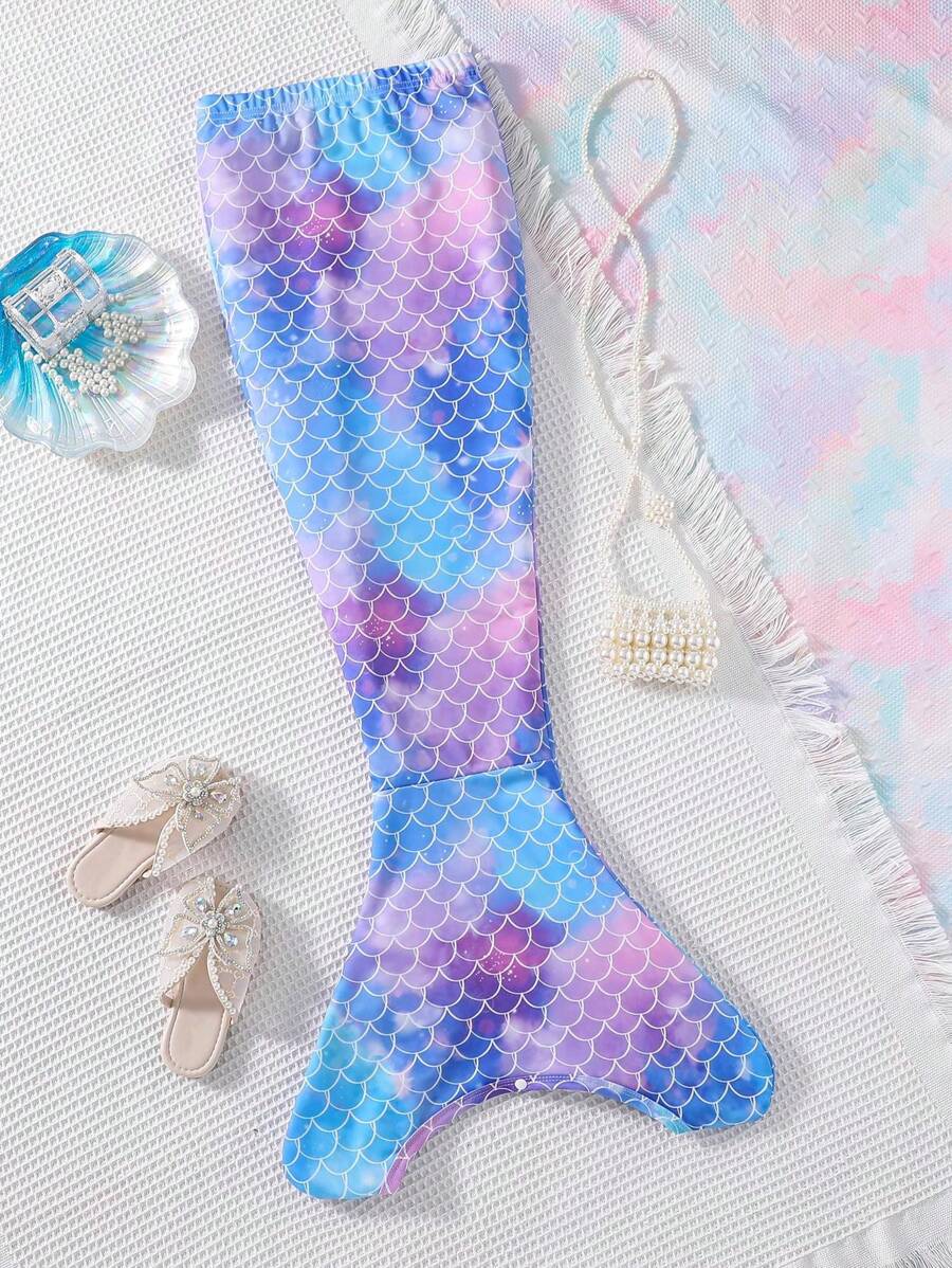 Ropa extraña, elástica y linda de sirena tejida para niña joven, hecha con tela de traje de baño de ensueño que mezcla escamas de peces de varios colores, ¡perfecta para disfrazarse durante las vacaciones! - Azul - Ver 1