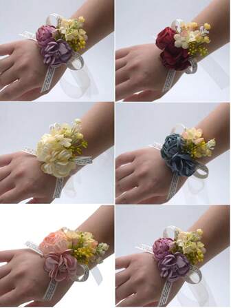 1pc Bride Wrist Flower, Ribbon & Bowknot Decor Wedding Party Prom Hand Flower Accessory, Bridal Gifts