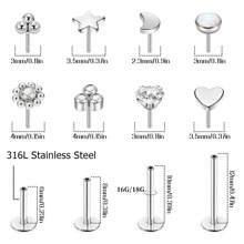 8 pièces Anneau de lèvre de monroe labret à bout plat en acier inoxydable 316L sans filetage, boucle doreille plate à dos plat, ensemble de bijoux de piercing de cartilage doreille hélix tragus conque pour hommes & femmes, 16G 18G 20G