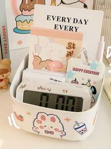 1pc Press-type Creative & Adorable Desktop Trash Can With Lid & Random Sticker For Home And Office Use - White - View 2