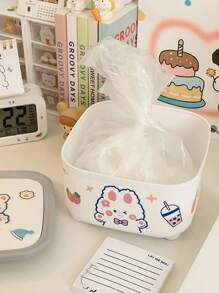 1pc Press-type Creative & Adorable Desktop Trash Can With Lid & Random Sticker For Home And Office Use - White - View 3