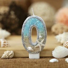1 vela de cumpleaños con tema de playa, vela artesanal de decoración de pastel de cumpleaños para crear atmósfera de fiesta en festivales, vela con estrella de mar y brillantina de playa de verano, en forma creativa de número - Multicolor - Ver 4
