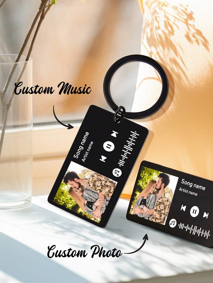 1pc Customized Music Code Photo Keychain, Personalized Stainless Steel Song Keychain, Album Keychain, Music Code Keychain Gift For Birthday, Anniversary Gift For Couples - Customized Photo + Scannable Music Code - View 1