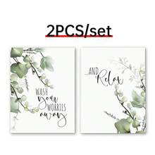 2幅/套 清新帆布印刷海报，植物帆布墙画，“洗去烦恼，放松身心”语录海报，适用于客厅、卧室、浴室、办公室、走廊、厨房墙面装饰，无框，生日毕业礼物 - 彩色 - 查看 7
