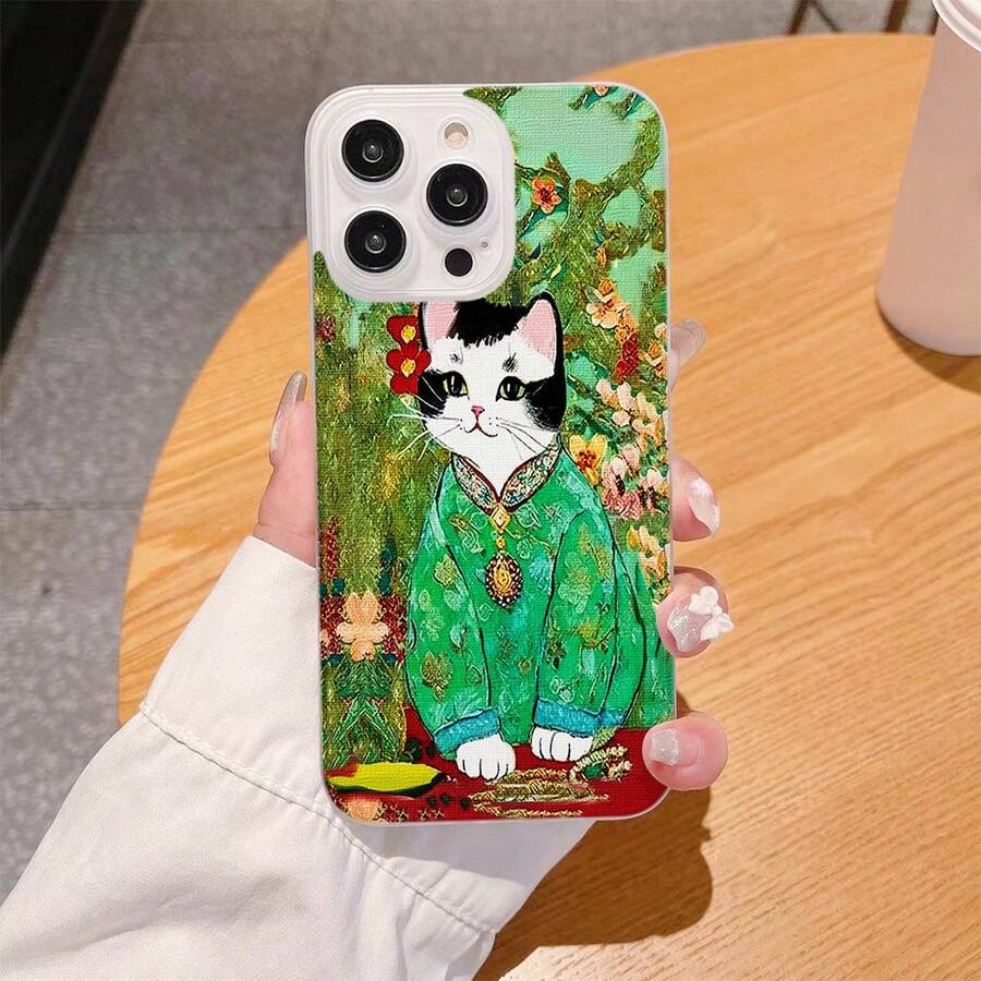油畫牛貓圖案矽膠手機殼，適用於iPhone 15、Pro、Pro Max、Xs Max系列手機，行動電話保護套 - 油畫乳牛貓 - 查看 1