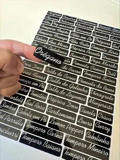 69 Etiquetas Adesivas Temperos Condimentos Potes Rótulos PRETO Adesivos à Prova D'água não desbota