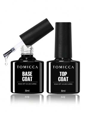 TOMICCA 2 bouteilles de 8 ml, ensemble de base transparente et de top coat. Nécessite un séchage sous lampe UV. Longue tenue et durabilité. Convient pour la manucure maison, le salon ou en cadeau pour les femmes.