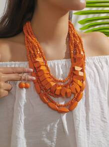 三件套串珠多层吊坠，搭配独特个性化时尚复古假日项链和耳环，适合女士