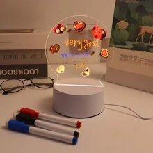 1 pieza Tablero de mensajes con luz LED de tabla escritura de luz nocturna de caricatura de pez acrílico (Placa de luz redonda USB cálida amarilla + pegatina DIY + 3 bolígrafos) - Blanco - Ver 4