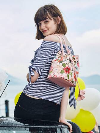 1件女士梅花印花PU時尚簡約迷人拉繩斜背包套裝，配可調節肩帶，適用於節日約會、鮮花，大容量桶袋（手工裁剪，圖案可能與實際略有不同）