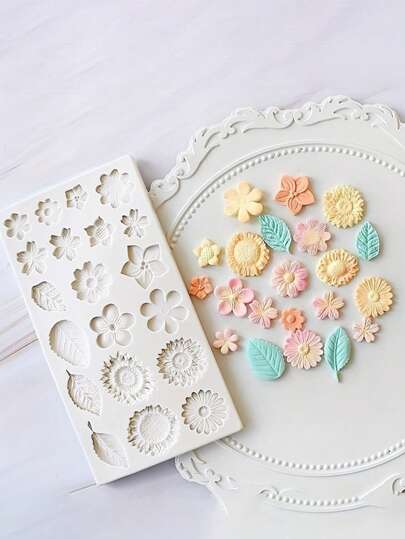 1 件硅胶花朵和叶子软糖模具，用于 DIY 蛋糕装饰和巧克力制作 - 厨房烘焙用具配件